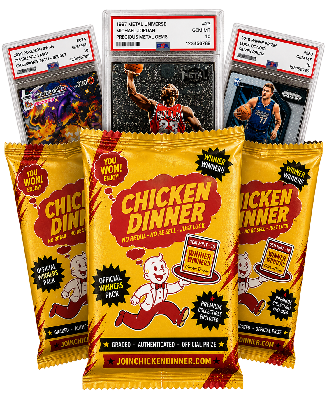 Chicken Dinner Official Winners Packs with graded, authenticated collectible cards